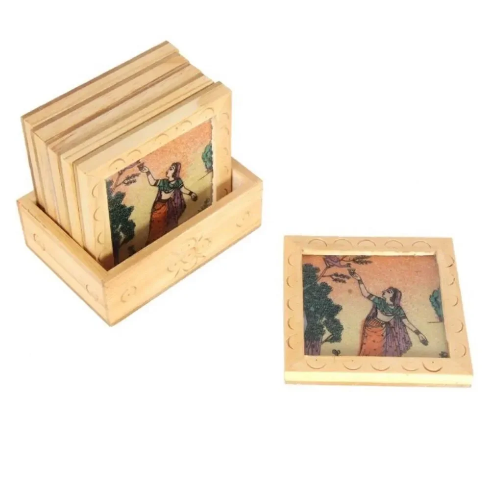 Gemstone Wood Coasters Painted Square Tea India Drink Handmade‎ Wooden Set = 6